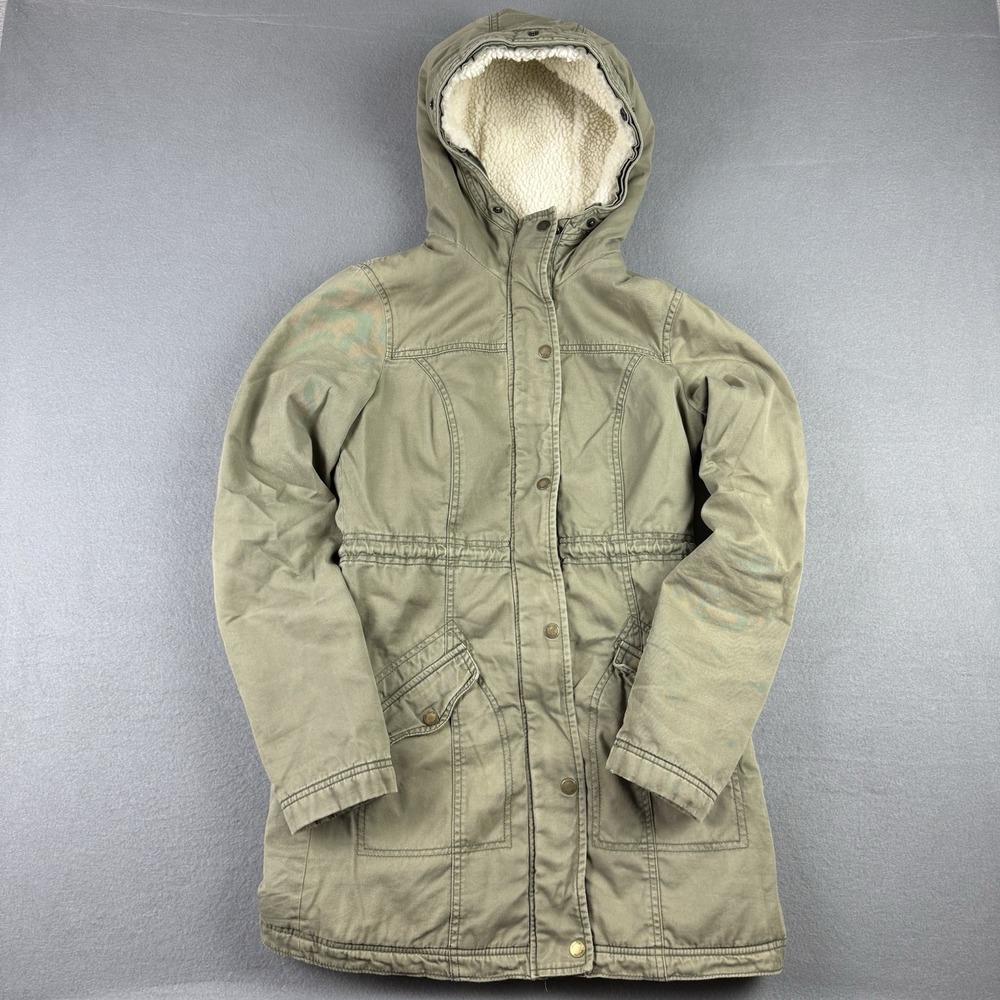 Hollister‎ Olive Green Sherpa Lined Hooded Coat Size S 29" Long Y2K Utility Cozy